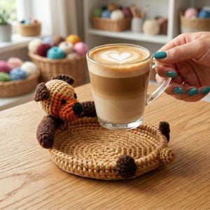 Könnte beinhalten: Ein Latte Macchiato in einem transparenten Glasbecher, der auf einem handgefertigten, gehäkelten Untersetzer in Hundeform steht. Der Untersetzer ist braun und beige, mit dem Kopf und den Pfoten des Hundes. Der Latte hat ein Herzmuster.
