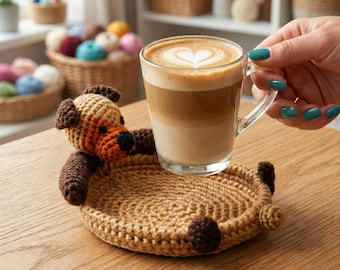 Amigurumi Dog Coaster Tan Brown Cotton Crochet Mug Rug
