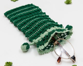 Green Crochet Case With Spotty Texture, Pouch With Color Options, Lace Trimmed Edge, Ball Shaped Tassels, Eyeglass Bag, Pencil Box