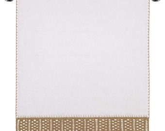 May include: White bath towel with a brown crocheted border and a white crocheted lace trim.