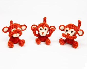 Amigurumi Monkey Trio Crochet Plush Keychain Set Figurines Decor