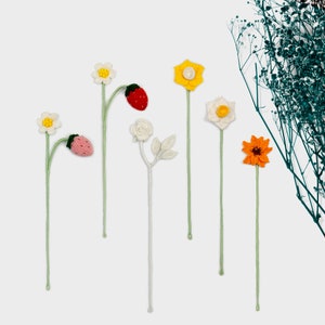 Micro Crochet Floral Bookmark, Yellow and White Daffodil, Red and Pink Strawberry, White Rose, Orange Flower Bookmark