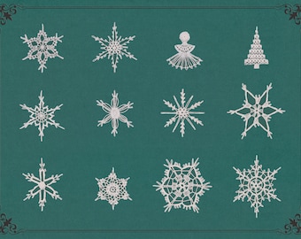 Handmade Crocheted White Snowflakes, Set of 12, Xmas Tree Ornaments