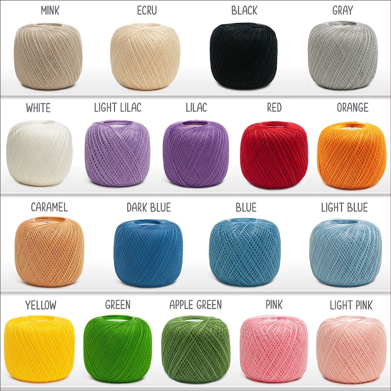 May include: A collection of yarn balls in various colors, including mink, ecru, black, gray, white, light lilac, lilac, red, orange, caramel, dark blue, blue, light blue, yellow, green, apple green, pink, and light pink.