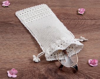 Crochet Soft Case With Flower Tassels, Sunglass Bag, Netting Textured Body, Handmade Pouch, Lace Trimmed Edge