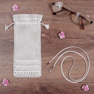 Crochet Soft Case With Flower Tassels and Glass Strap As a Set, Lace Trimmed Edge, Sunglass Bag, Netting Texture