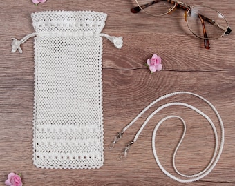 Crochet Soft Case With Flower Tassels and Glass Strap As a Set, Lace Trimmed Edge, Sunglass Bag, Netting Texture