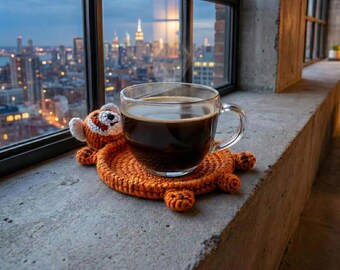 Russet Panda Crochet Coaster Amigurumi Cotton Yarn Brown Animal Mug Rug Circular Tray