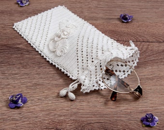 Handmade Crochet Soft Case With 3D Flower and Leaves, Lace Trimmed Edge, Mini Acorn Tassels, Pouch For Glasses