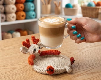 Amigurumi Reindeer Coaster Beige Orange Cotton Yarn Mug Rug