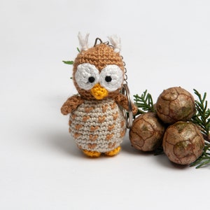 May include: A crocheted owl keychain with brown and white yarn, large white eyes, and a yellow beak. The owl is attached to a silver key ring and is sitting next to a group of brown pine cones.