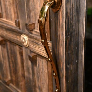 May include: A brass door handle with a curved design, mounted on a weathered wooden door. The handle has a decorative, flowing shape with small, round accents. The door is made of dark, textured wood.