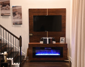 Midcentury Modern Walnut Fireplace with Brass Legs, Credenza, Sideboard, Buffet, Modern Room Divider