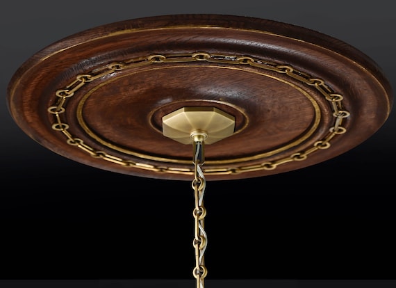 Brass Chainlink Mid-Century Modern Ceiling Medallion-Solid Red Oak Wood, Chandalier Canopy