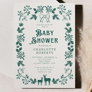 Winter Woodland babyshower uitnodiging sjabloon, bewerkbare kerst babyshower uitnodiging, afdrukbare december baby strooi uitnodigingen, BY29