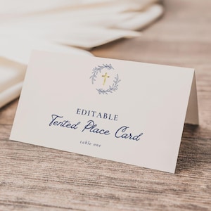 Plantilla de tarjetas de lugar para la Primera Comunión de Niños Azules, Decoración moderna editable para la Primera Comunión, Elegante decoración de mesa para fiesta imprimible DIY, FC37