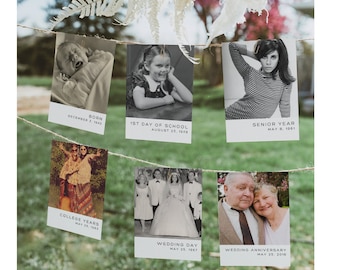 Puede incluir: Una serie de fotografías que muestran diferentes etapas de la vida. Las imágenes en blanco y negro incluyen un bebé, una niña y una mujer. Otras fotos muestran una boda y un aniversario. Las fotos están sujetas a una cuerda con pinzas.