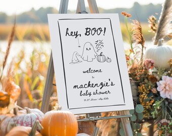 Halloween Baby Shower Welcome Sign Template, Editable A Little Boo Is Almost Due Decor, DIY Printable Fall Pumpkin Baby Sprinkle Poster BY22