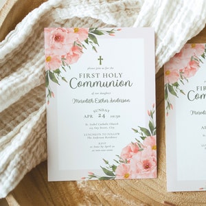 Pink Floral First Communion Invitation Template | Printable 1 st Communion DIY Invite | Editable First Holy Communion Invitation Girl | FC1