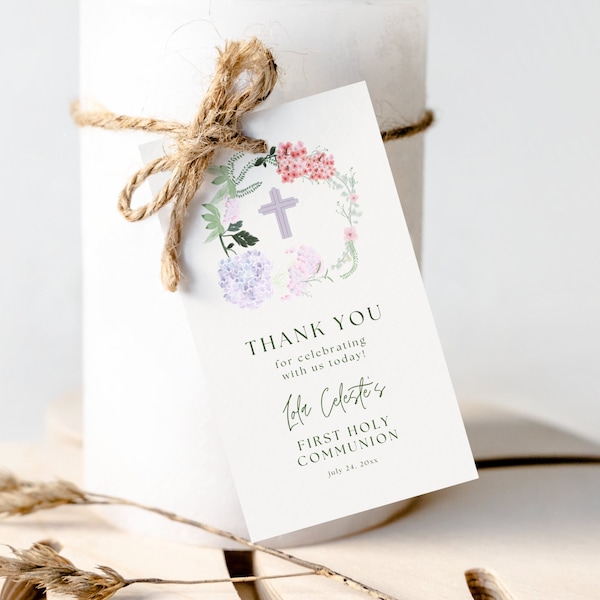 Wildflower First Communion Favors Tag Template | Printable Floral 1st Communion Gift Tags | Cute First Holy Communion Thank You Tag | FC11