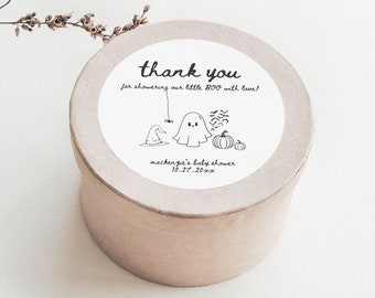 Halloween Baby Shower Favors Sticker Template, Editable A Little Boo Is Almost Due Circle Favor Stickers Printable Thank You Gift Label BY22