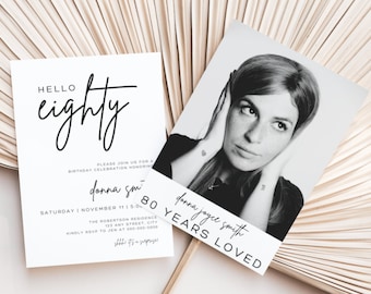 80th Birthday Invitation with Photo | Digital 80th Birthday Party Invite | Black and White Printable Canva Template for Her Celebration