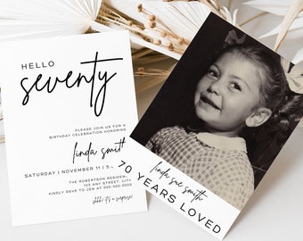 70th Birthday Invitation with Photo | Digital 70th Birthday Party Invite | Black and White Printable Canva Template for Her Celebration