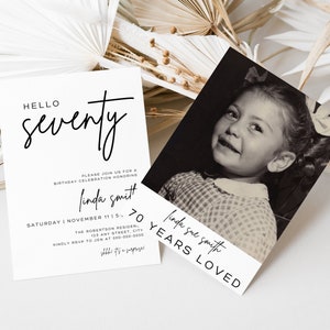 70th Birthday Invitation with Photo | Digital 70th Birthday Party Invite | Black and White Printable Canva Template for Her Celebration