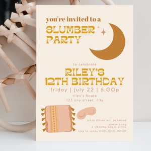 Boho Slumber Party Printable Invitation | Sleepover Birthday Invitation for Girls | Boho Birthday Invitation Digital | 12th Birthday Invite