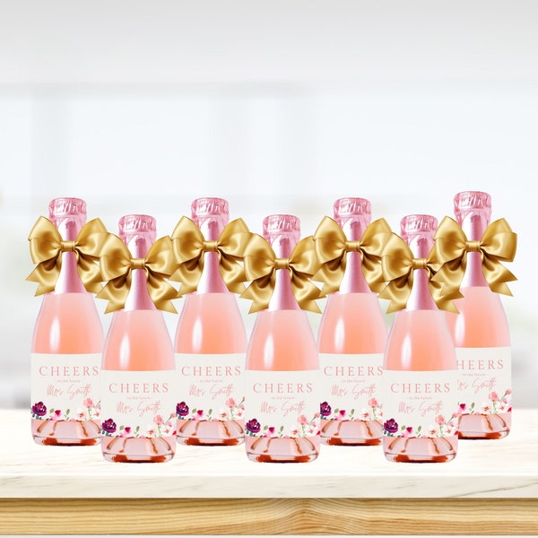 Modèle d’étiquettes de mini bouteille de champagne de douche nuptiale de pétales et de Prosecco, étiquette de brunch rose et de faveurs pétillantes, idées de faveur de douche de mariage, BS14