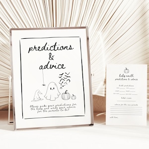 Halloween Baby Shower Predictions and Advice Sign and Card Templates, Editable A Little Boo Is Almost Due Activity Signs and Cards, BY22