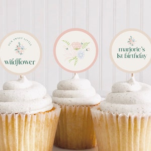 Wildflower First Birthday Cupcake Toppers, Boho One Year Old Girl Party Cupcakes Decor, Wild One 1st Bday Printable Food Pick Template, FB8
