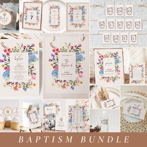 Pink Girls Baptism Invitation Bundle Template, Editable Wildflower Christening Mobile Decorations, Printable Floral Baptism DIY Decor, BP2