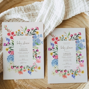 Wildflower baby shower uitnodiging sjabloon, bewerkbare groovy tuinbrunch uitnodiging voor een meisje, afdrukbare Boho retro strooi uitnodigingen, BY5