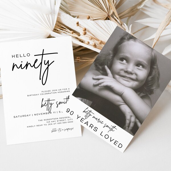 90th Birthday Invitation with Photo | Digital 90th Birthday Party Invite | Black and White Printable Canva Template for Her Celebration