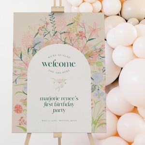 Wildflower First Birthday Welcome Sign Template for a One Year Old Girl | Boho Wild One 1st Birthday Party DIY Decor Instant Download | FB8