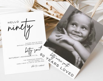 90th Birthday Invitation with Photo | Digital 90th Birthday Party Invite | Black and White Printable Canva Template for Her Celebration