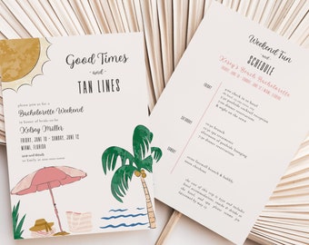 Beach Bachelorette Party Invitation and Itinerary Template | Digital Instant Download Boho Good Times & Tan Lines Tropical Girls Weekend GT2