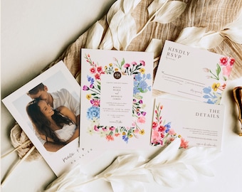 Wildflower Wedding Invitation Suite Template, Editable Wedding RSVP Cards, Wedding Details Card, Boho Floral Photo Invite with Monogram, W2