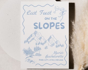 Last Toast On The Slopes Bachelorette Party Invitation and Itinerary Template, Cute Blue Ski Mountain Bach Weekend Events and Invite Card