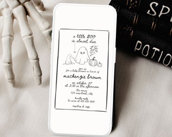 Sjabloon mobiele uitnodiging Halloween babyshower, bewerkbaar A Little Boo Is Almost Due tekstuitnodiging, digitale babyuitnodiging, BY22