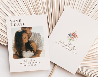 Wildflower Wedding Save The Date Template, Editable Photo Save The Date Card, Printable Modern Floral Save The Date Digital Download, W2
