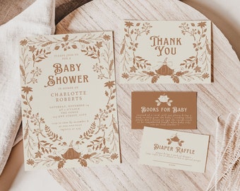 Fall Pumpkin Baby Shower Invitation Template, Editable Autumn Woodland Baby Shower Invite, Printable Coquette Baby Sprinkle Invitations BY25