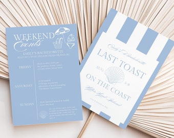 Last Toast On The Coast Bachelorette Party Invitation and Itinerary Template, Cute Blue Coastal Beach Bach Weekend Events and Invite Card
