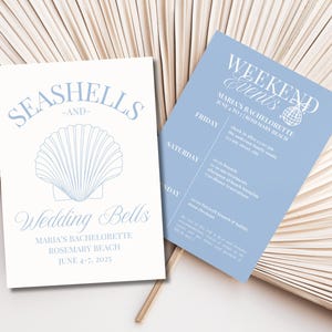 Plantilla de invitación e itinerario para despedida de soltera con conchas marinas y campanas de boda, linda tarjeta de invitación para escapada de fin de semana de chicas preppy