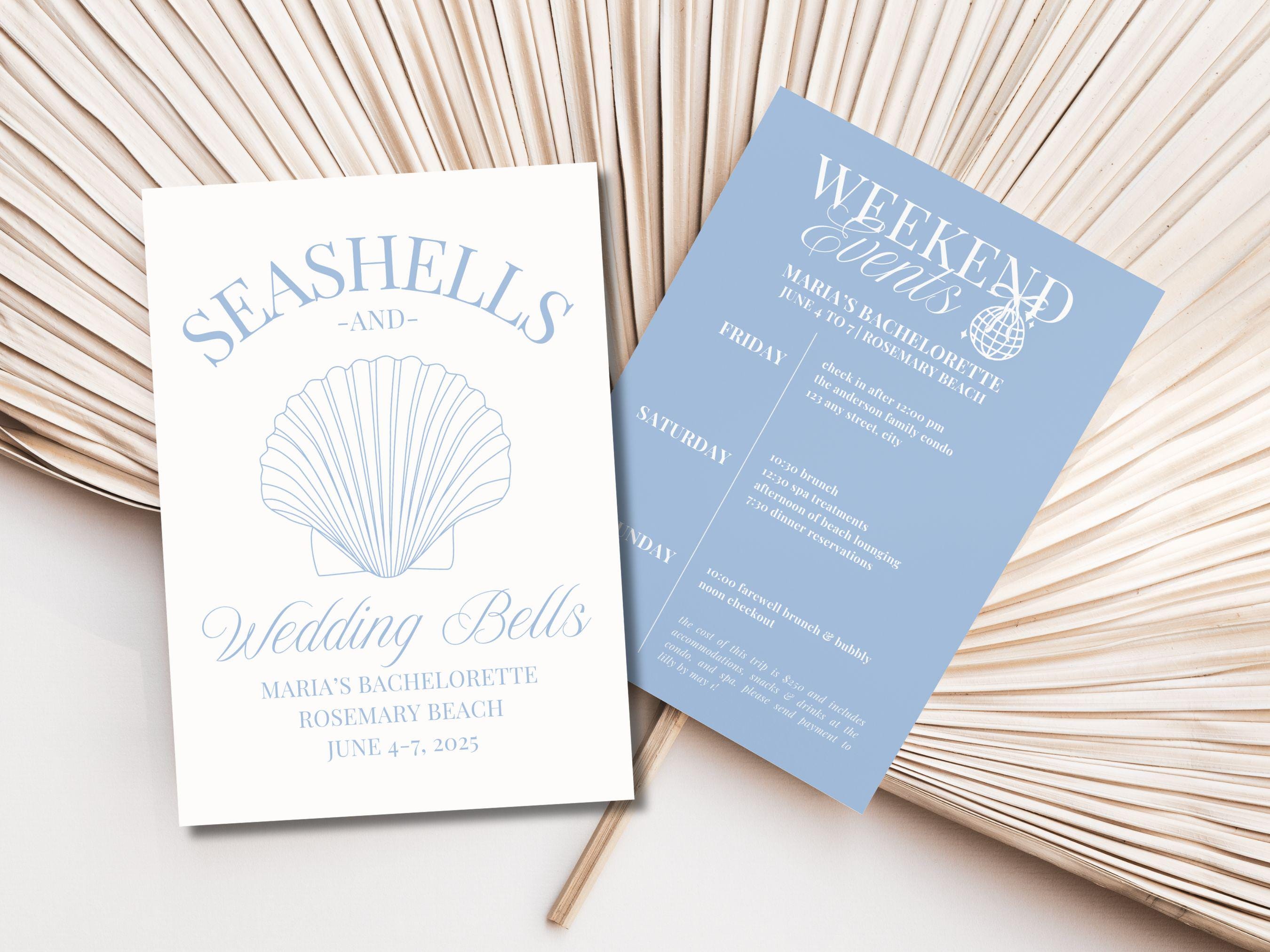 Seashells and Wedding Bells Bachelorette Party Invitation and Itinerary Template, Cute Preppy Girls Getaway Weekend Trip Events Invite Card
