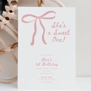 Rosa Schleife Sweet One Geburtstagseinladung Vorlage, bearbeitbare Mädchen 1st Bday Party einladen, druckbare Bögen Thema Baby Mädchen lädt ein, FB25