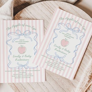 Herbst-Babyparty-Einladungsvorlage, bearbeitbare kokette Bogen-Apfel-Thema einladen Karte, druckbare Preppy Girly Baby Sprinkle-Thema-Ideen, BY54