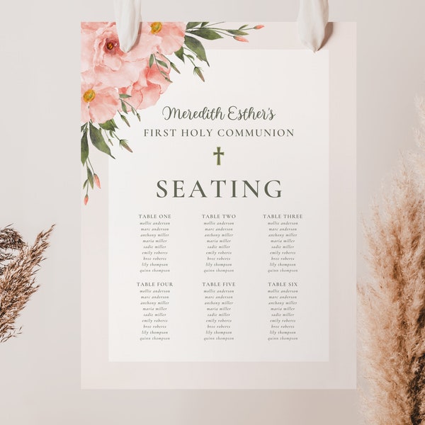 Pink Floral First Communion Seating Chart Template | Printable 1st Communion Seating Chart Sign | Editable First Holy Communion Girl | FC1