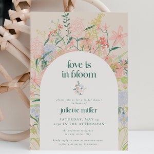 Invitación para despedida de soltera "El amor florece", invitación para despedida de soltera en un jardín primaveral, plantilla editable de flores silvestres bohemias para despedida de soltera de verano, BS28